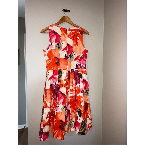 Eliza J Size 8 A-Line Fit & Flare Tea Dress Orange Pink Big Floral Vacation - Picture 6 of 9